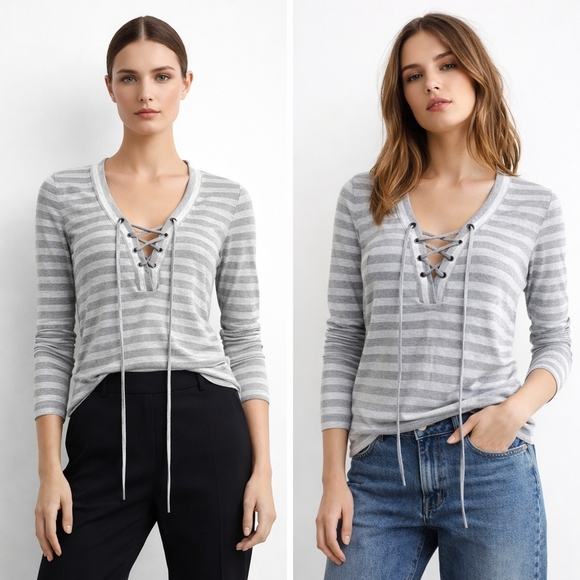 L’AGENCE Lace-Up Henley Striped Top Tencel Grey Soft Luxury Knit Sz S - Picture 8 of 8